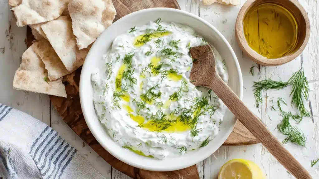 Overhead view of a creamy homemade tzatziki sauce recipe garnished with dill and olive oil, served with pita bread and lemon on a rustic wooden table.