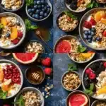 Vibrant overhead flat lay of a homemade yogurt parfait bar featuring creamy yogurt, golden granola, fresh berries, citrus, pomegranate, and a drizzle of honey.