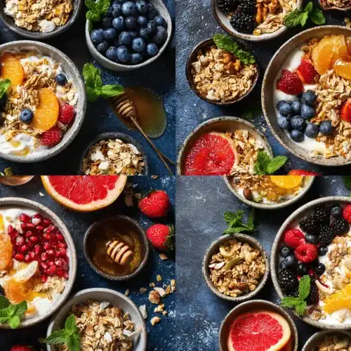 Vibrant overhead flat lay of a homemade yogurt parfait bar featuring creamy yogurt, golden granola, fresh berries, citrus, pomegranate, and a drizzle of honey.