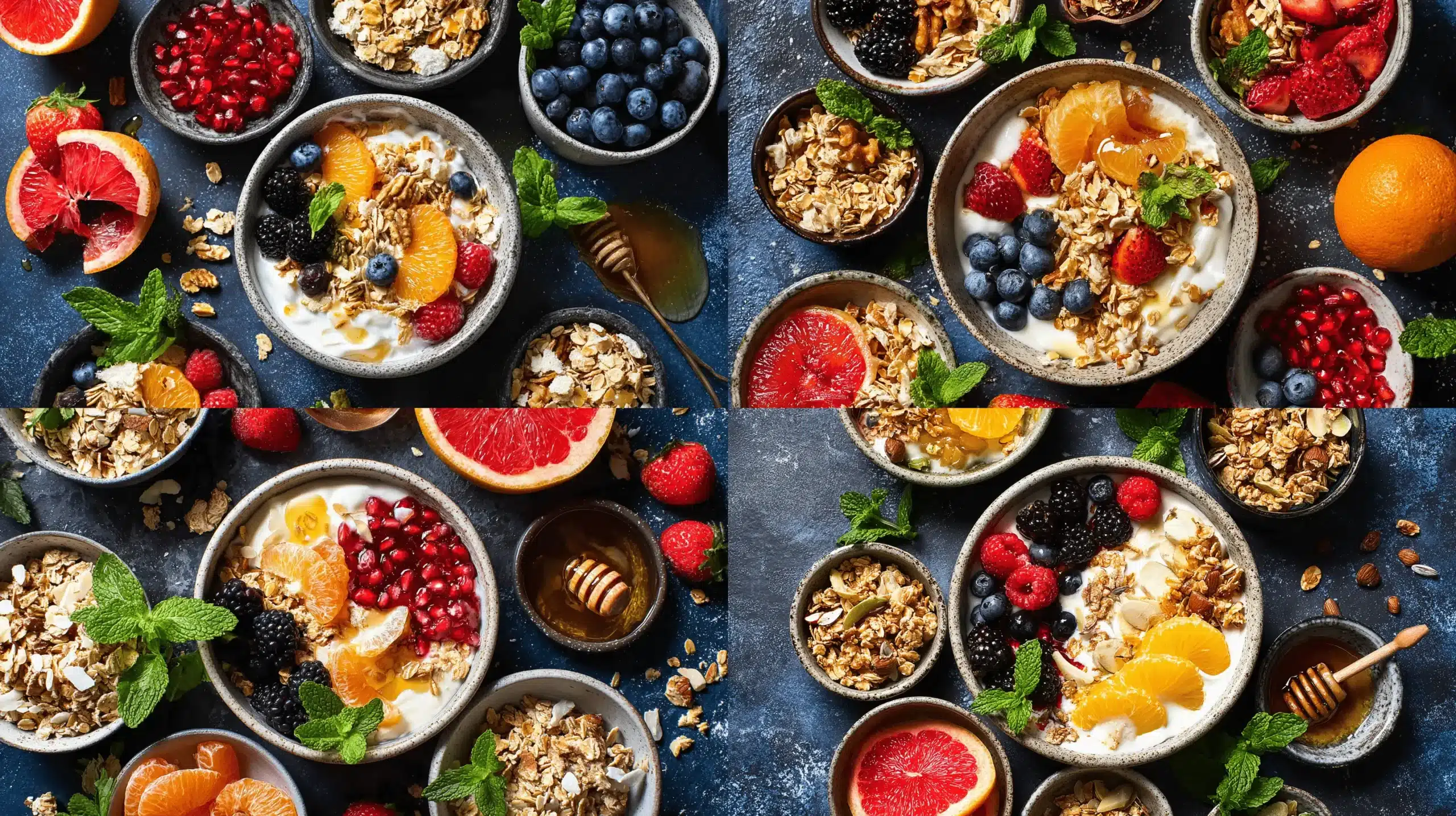 Vibrant overhead flat lay of a homemade yogurt parfait bar featuring creamy yogurt, golden granola, fresh berries, citrus, pomegranate, and a drizzle of honey.