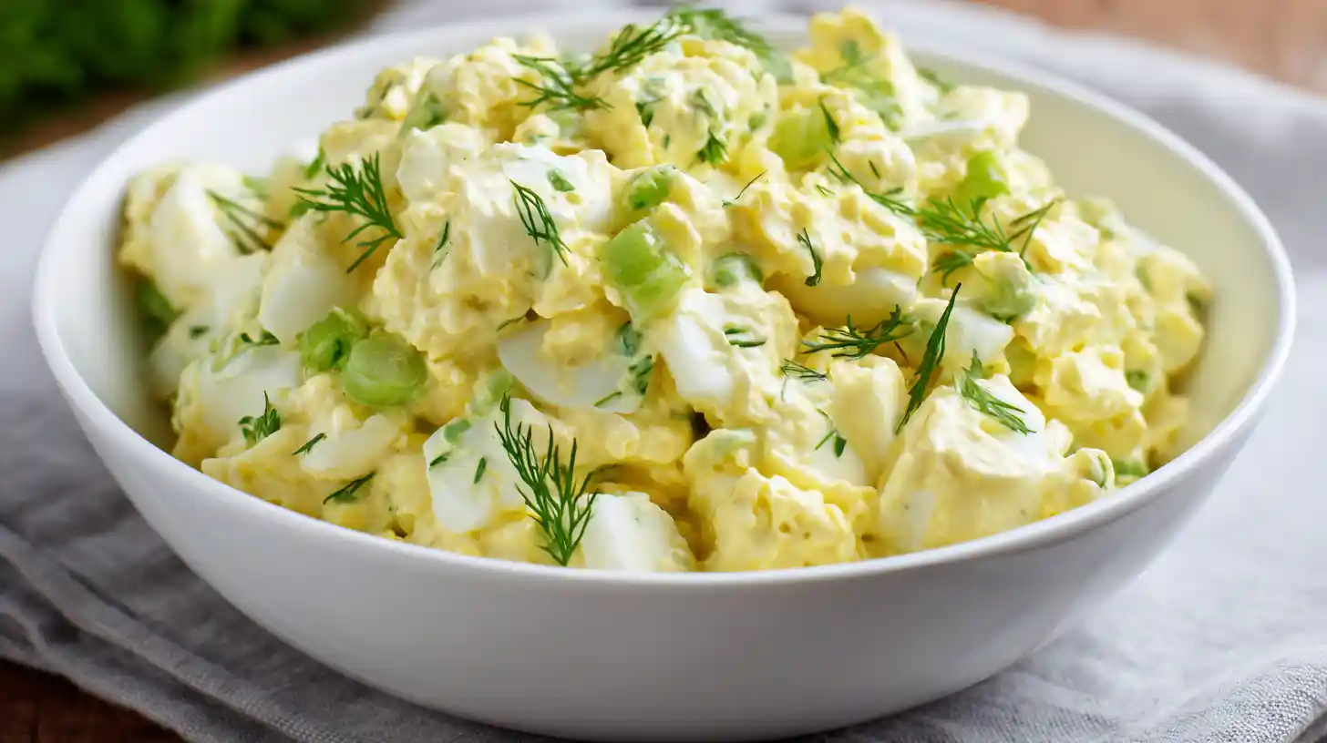 The Best Creamy Egg Salad Recipe 1 Creamy egg salad recipe with chopped boiled eggs, celery, and fresh dill in a white bowl