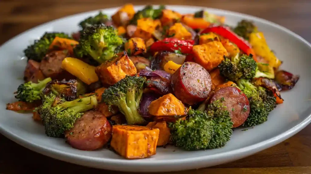 Close-up top-down view of a delicious roasted sausage sweet potato sheet pan dinner with broccoli and red bell pepper.