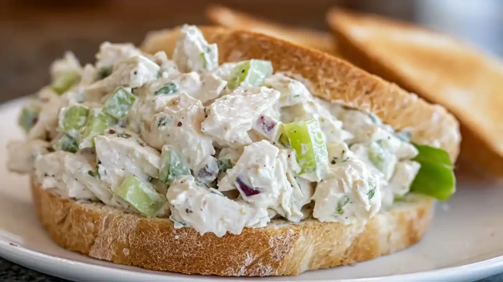 Classic chicken salad sandwich recipe with creamy chicken, celery, and herbs on toasted bread.