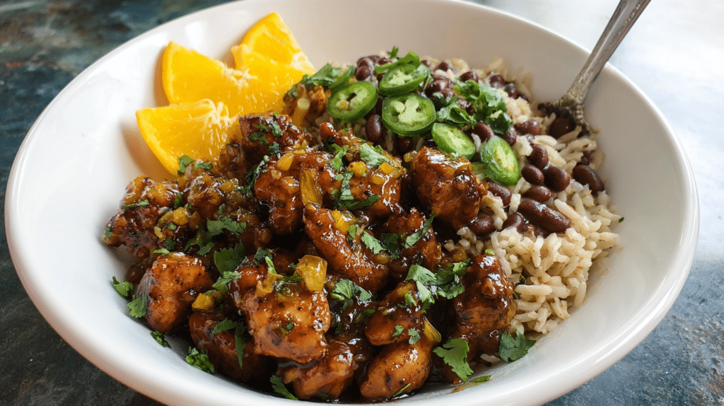 Cilantro Orange Chicken with Rice and Beans