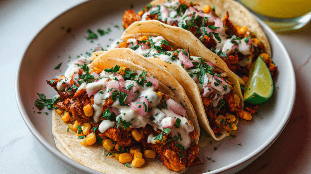 Red Chile Chicken Tacos with Creamy Corn