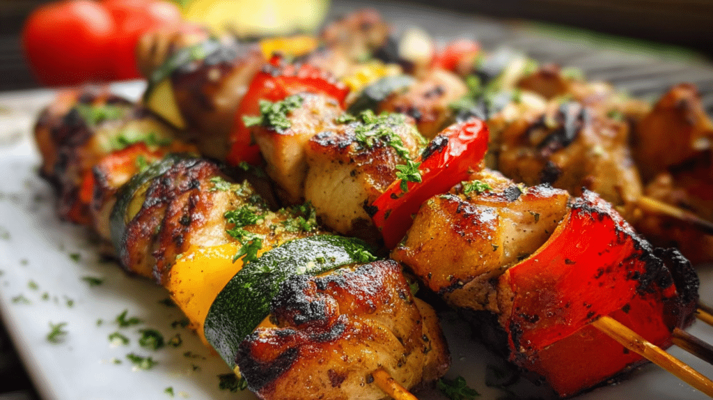 Grilled chicken kabobs with bell peppers, zucchini, and red onion