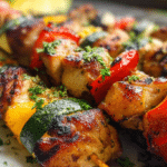 Grilled chicken kabobs with bell peppers, zucchini, and red onion