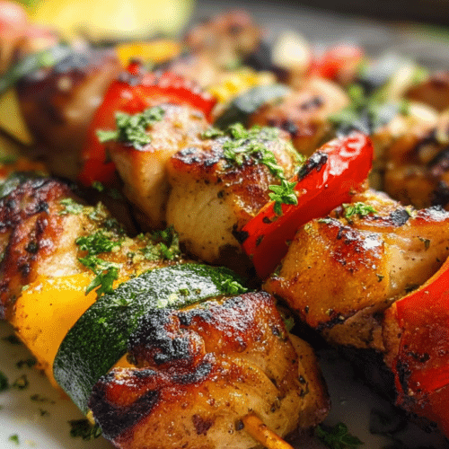 Grilled chicken kabobs with bell peppers, zucchini, and red onion