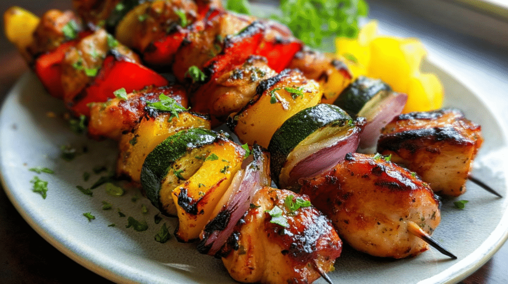 Grilled chicken kabobs on a plate with colorful vegetables