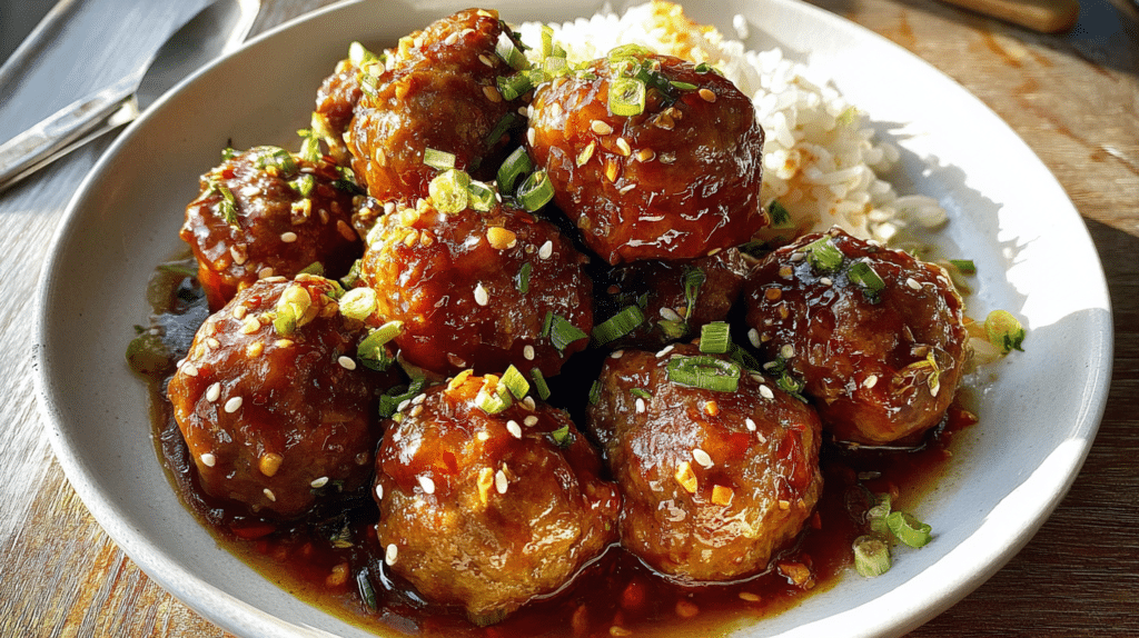 Firecracker Chicken Meatballs served with spicy sweet sauce and fresh green onions