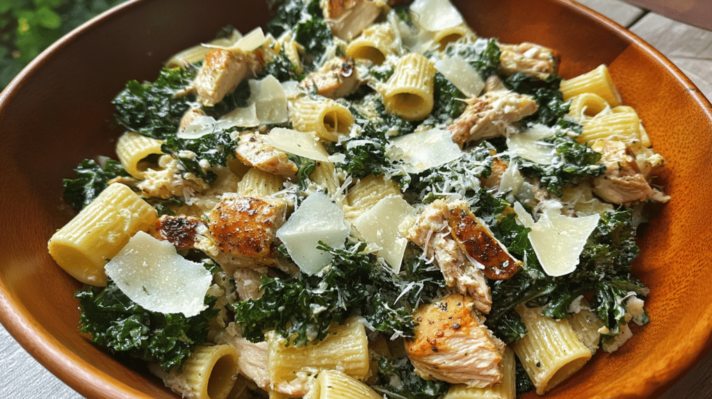 High-Protein Kale Chicken Caesar Pasta Salad