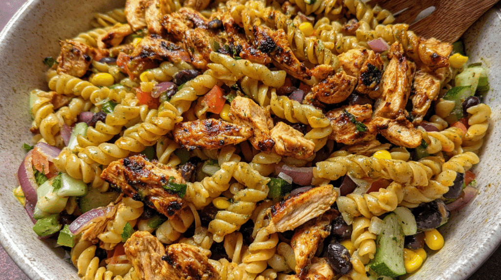 High Protein BBQ Chicken Pasta Salad